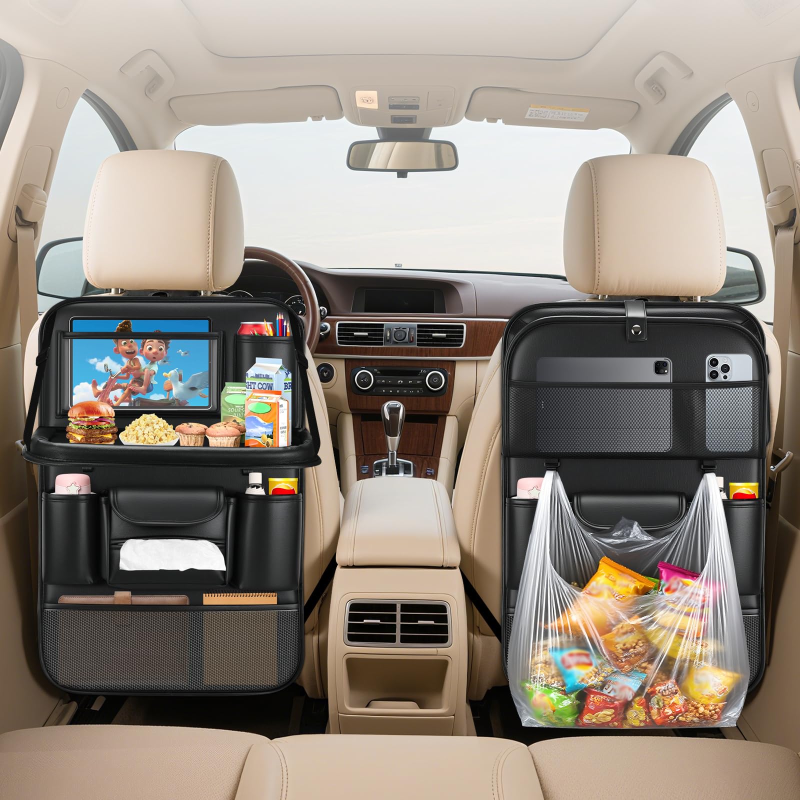 Photo 1 of 2 Pack Leather Car Backseat Organizer with Foldable Table Tray, Garbage Bag Hook, Protector Kick Mats for Kids, 8 Large-Capacity Pocket, Universal Car Seat Protector for Kids, Pets & Travel