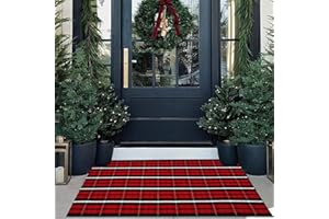 CAINANEL Buffalo Plaid Outdoor Rug Christmas Door Mat Christmas Decor Welcome Rug Cotton Hand-Woven Layered Door Mats for Front Porch, Kitchen, Farmhouse, Entryway (27.5"x43", Red/Black/White)