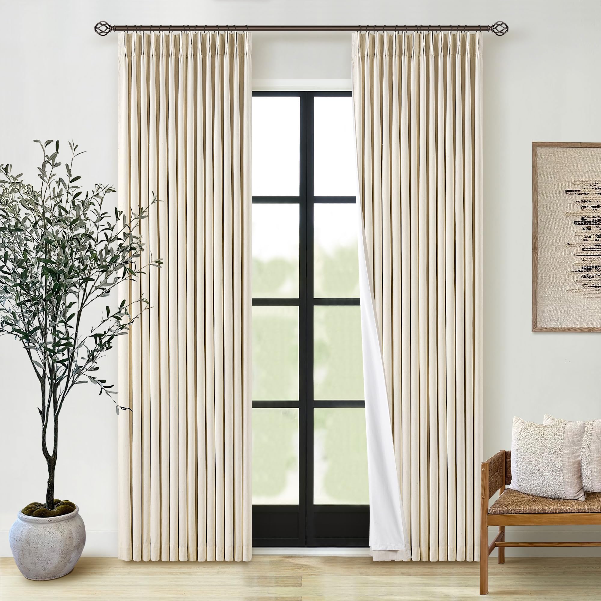 Photo 1 of Sand Beige Pinch Pleated Curtains 84 Inch Long 100% Blackout Thermal Insulated Linen Pinch Pleat Drapes with Hooks Rings Back Tab 2 Panel Heat Blocking Neutral 2 Layer Window Curtains 84 Inch Length