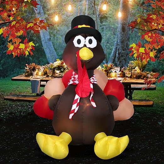 6 Foot Thanksgiving Inflatable Turkey, YUNLIGHTS Lighted Air Blown Inflatable Turkey with Pilgrim Hat Perfect Thanksgiving Autumn Decorations