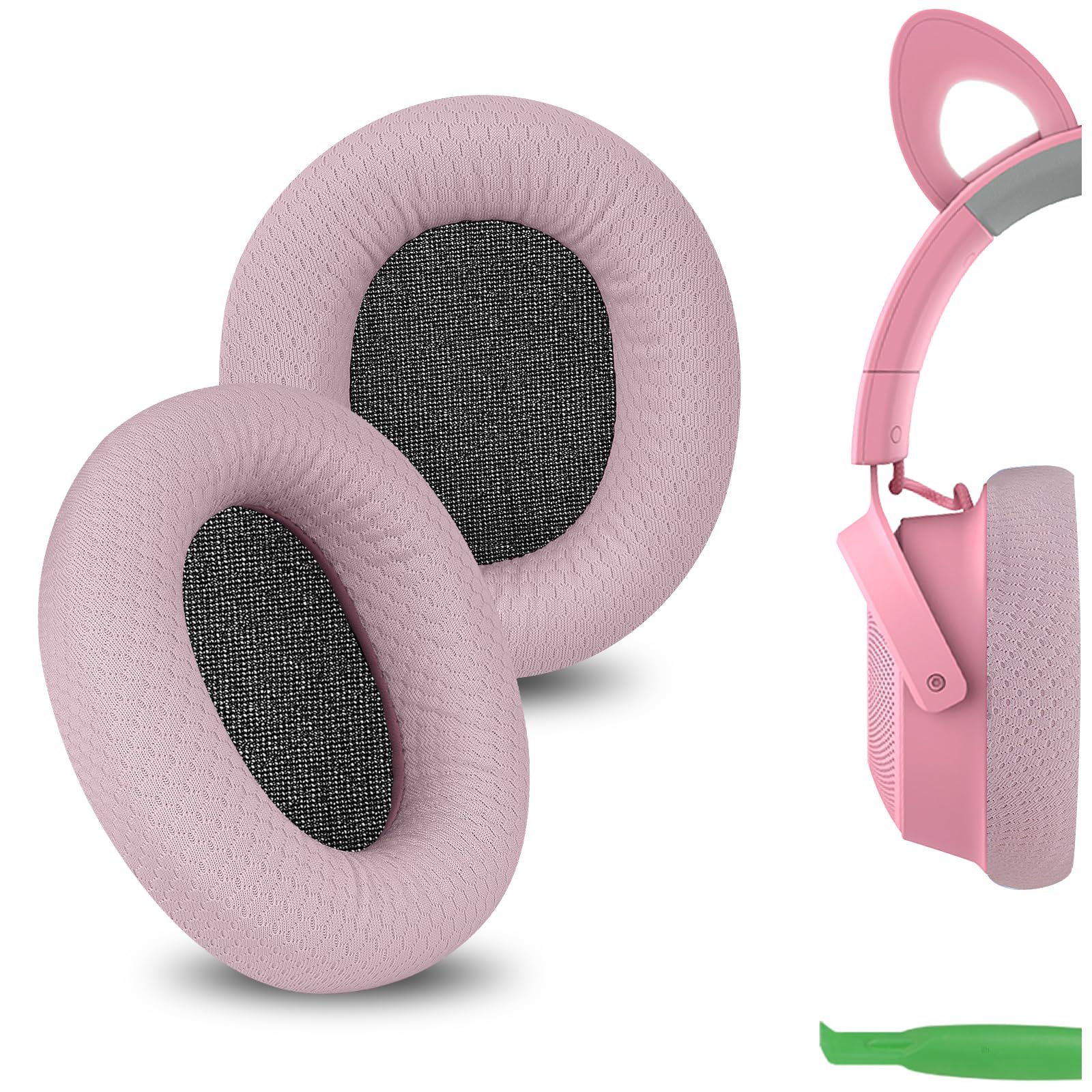 Geekria Comfort Mesh Fabric Replacement Ear Pads for Razer Kraken V4/ V4X/ V4Pro/ Kitty V2 Pro, Barracuda/Barracuda X Headphones Ear Cushions, Repair Parts (Pink)