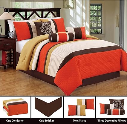 Queen Orange Modern 7 Piece Bedding Orange Brown White Pin