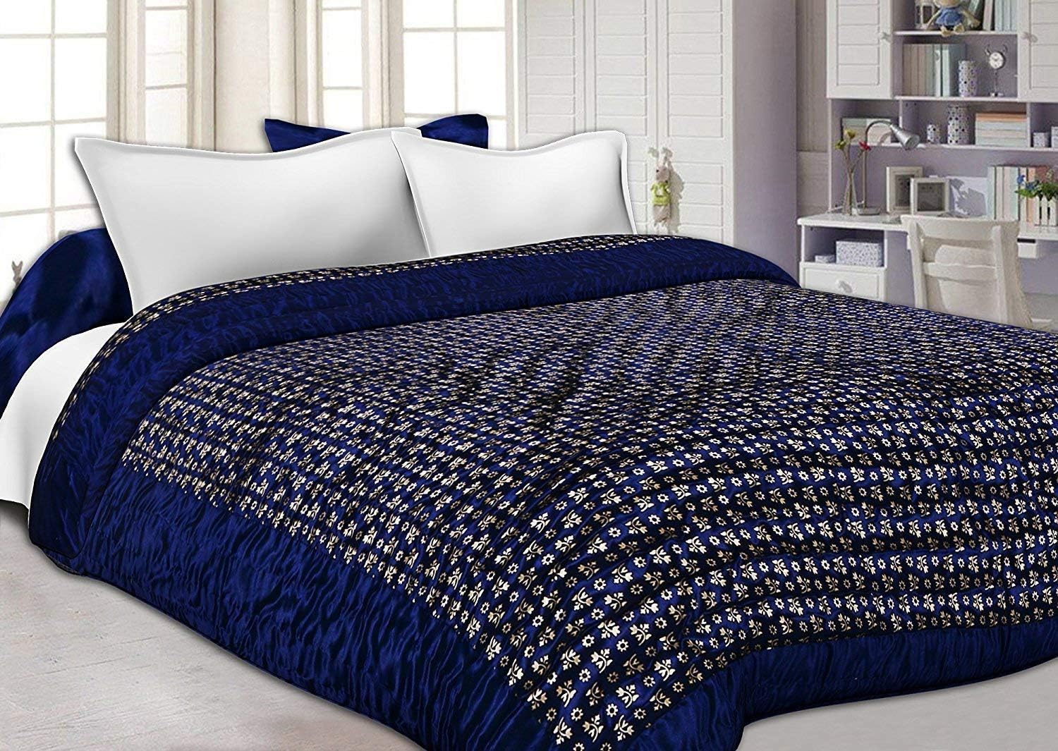 Namaste India Cotton Double Bed Size Jaipuri Silk AC Quilt Blanket with Gold Prints (Blue)