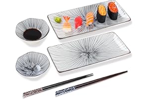 6 piece sushi plate set, 10-inch ceramic rectangle sushi dishes, sushi serving set for 2, with 2 sushi plates 2 sauce bowls 2