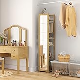 HOMCOM 66" x 14" Full Length Mirror, Floor Mirror with Shelf, Bamboo Frame Floor Standing Mirror with 6 Slatted Storage Shelv