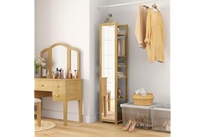 HOMCOM 66" x 14" Full Length Mirror, Floor Mirror with Shelf, Bamboo Frame Floor Standing Mirror with 6 Slatted Storage Shelv