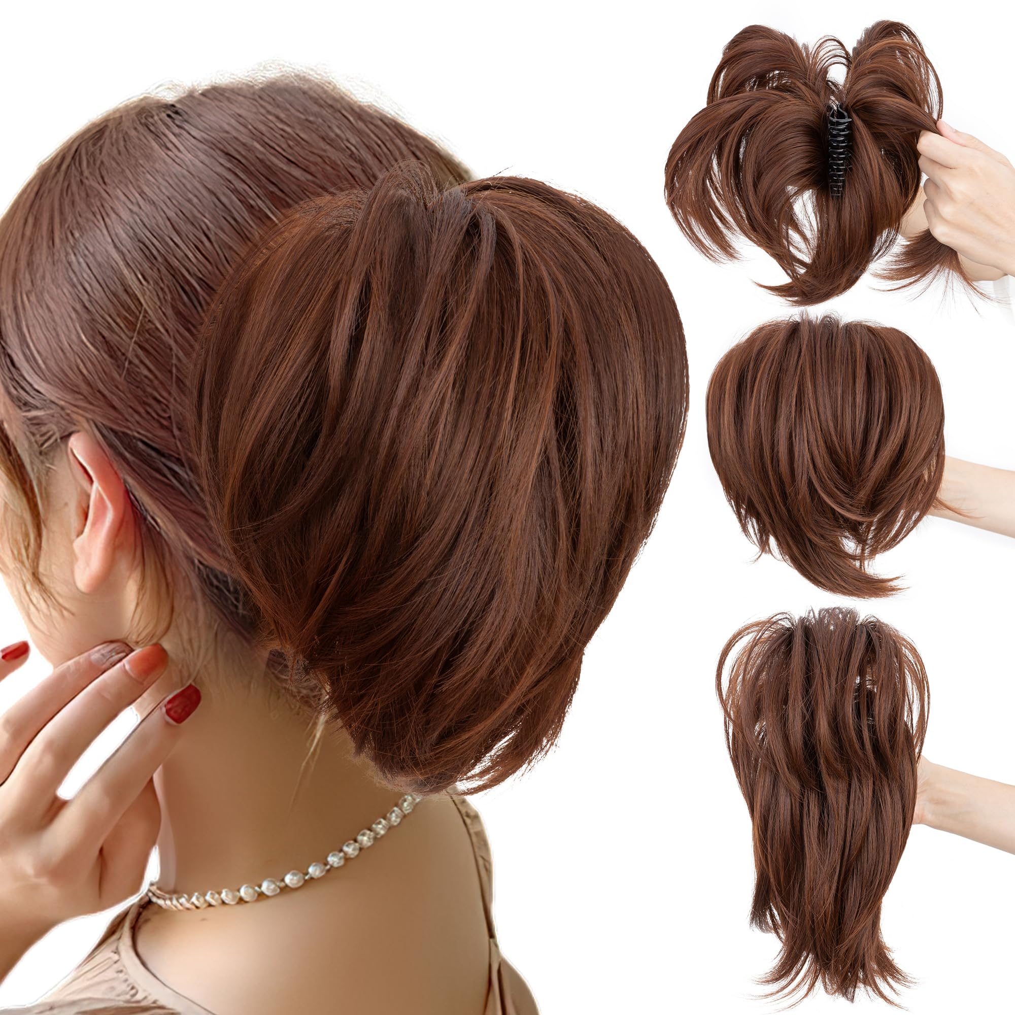 SEGO Claw Clip Ponytail Hair Extensions Bendable Metals Messy Bun Hair piece Straight Hairpieces Claw on Ponytail, Light Auburn & Dark Auburn