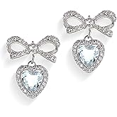 Sonateomber Gold Silver Bow Heart Dangle Drop Hoop Stud Earrings for Women, Trendy Rhinestone Ribbon Crystal CZ Love Huggie Dangling Earring Dangling Holiday Prom Valentine Fashion Jewelry Gift