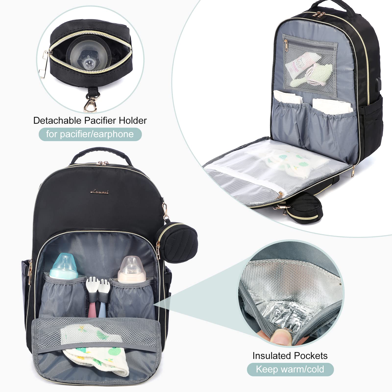 LOVEVOOK Diaper Bag Backpack, Quilted Baby Bag with Changing Pad & Pacifier Holder, Waterproof Travel Diaper Bags for Baby Boys Girls, Stylish and Large Capacity, Black