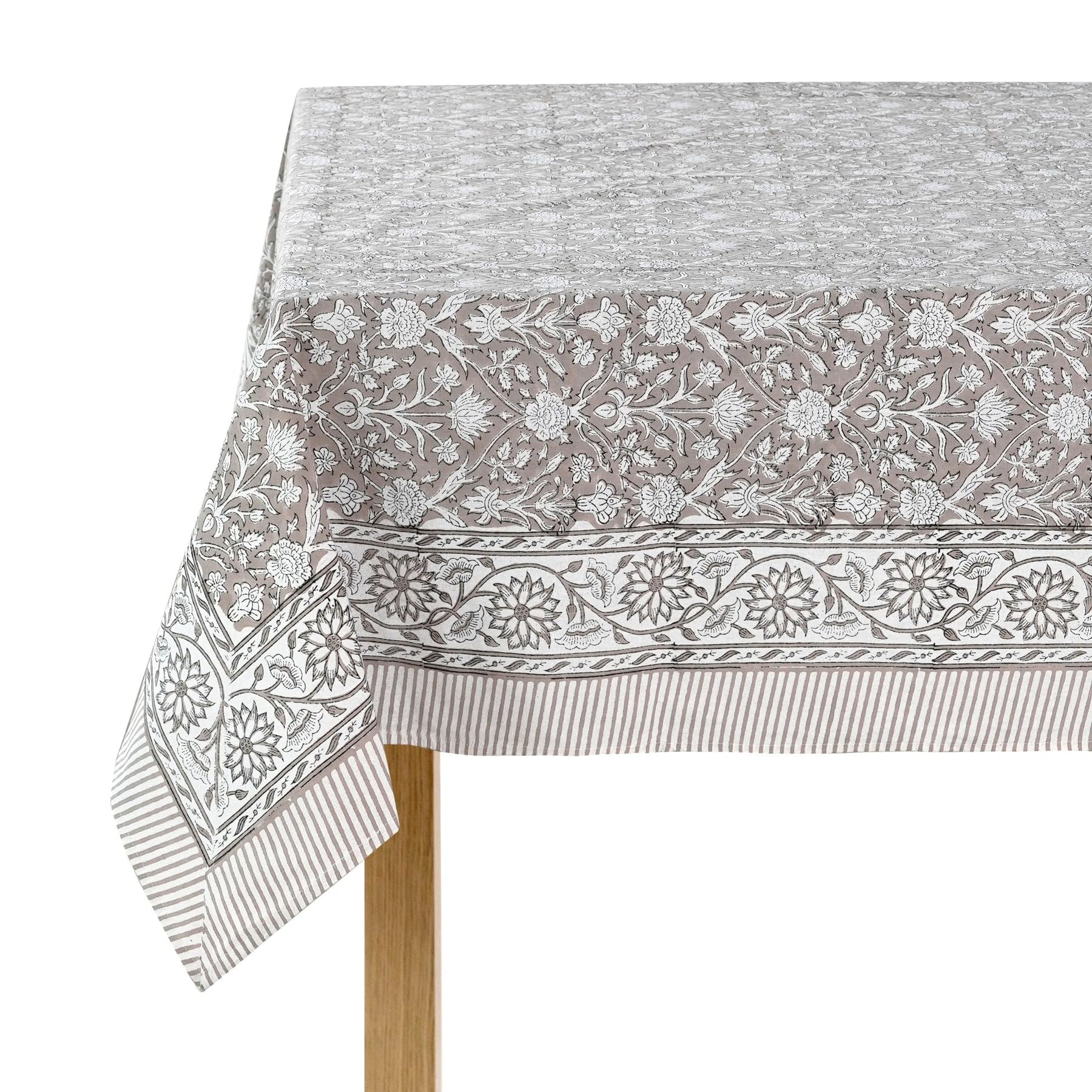 Photo 1 of Ridhi Taupe Hand Block Print Cotton Rectangle Tablecloth 118 x 70 inch-Reusable Table Cover Decorative Everyday Use for Dining Room, Farmhouse, Thanksgiving, Christmas Wedding, Fall