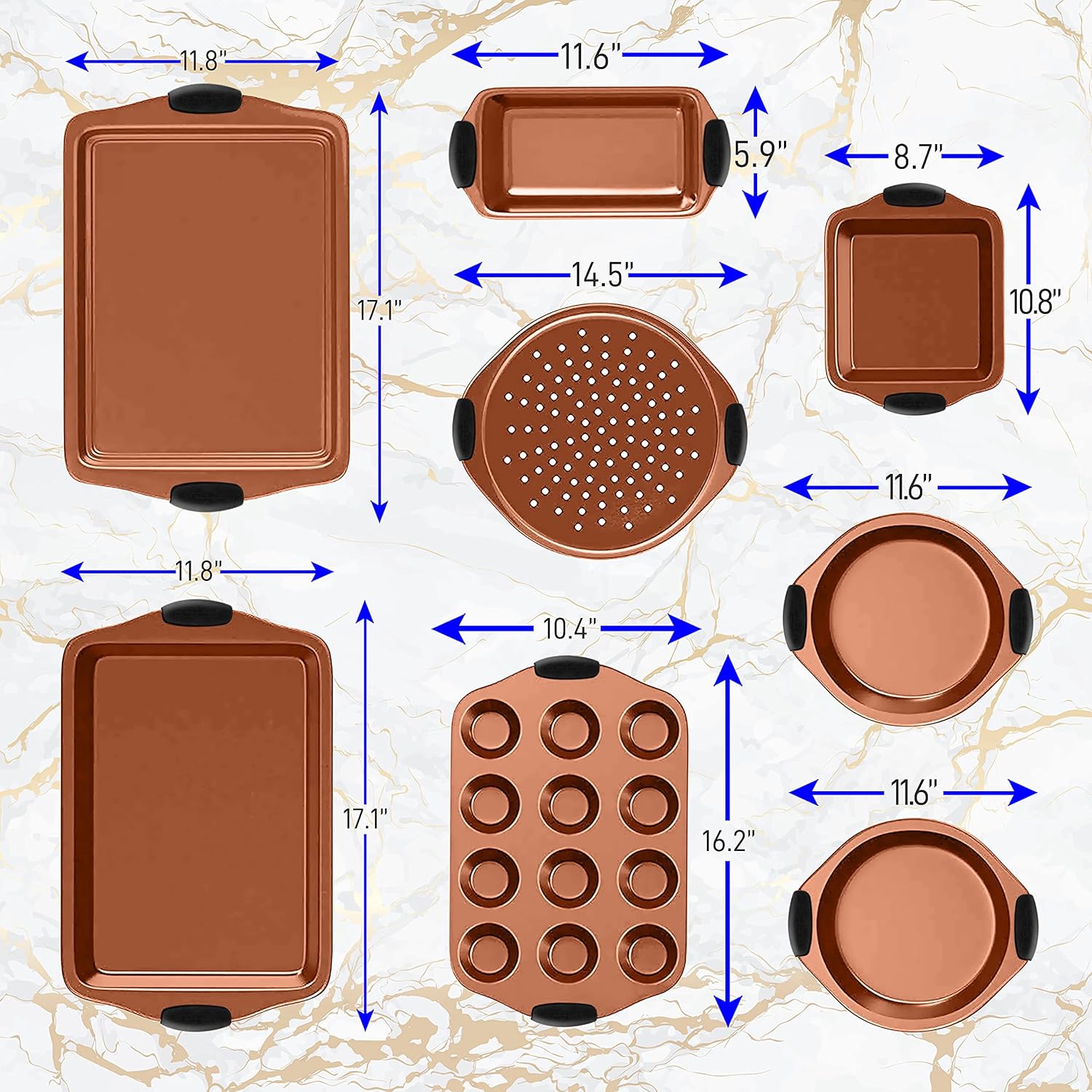 NutriChef Flexible & Nonstick Carbon Steel Bakeware Professional Home Kitchen Bake Pan Set with Black Silicone Handles, 8 Piece, Copper: Kitchen & Dining