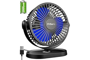 FrSara Desk Fan Baterry Operated, Mini Desk Fan，2000mAh Capacity Battery, 3-Speed Adjustable, 360-Degree Rotation Adjustment, Stylish, with Hooks at the Bottom, Convenient for Indoor and Outdoor Use