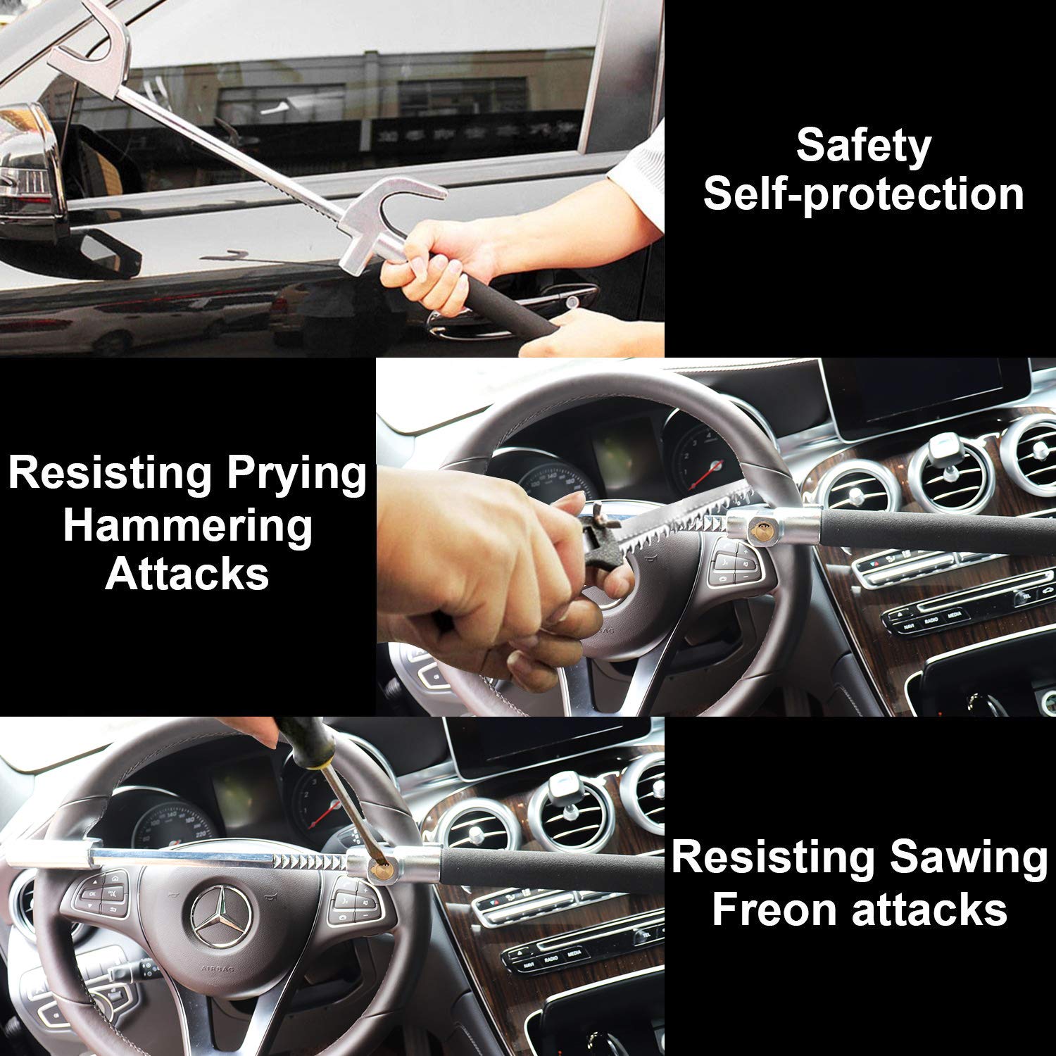Steering Wheel Lock | Universal Anti-Theft Clamp Heavy Duty Vehicle Safety Rotary Adjustable Lock Self-defense with 3 Keys