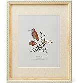 ibalux 11x14 Picture Frame Pine Wood with Real Glass, Gold-Toned Synthetic Rope Edging, Linen Matted to 8x10, Vertical and Horizontal for Wall Hanging, Nature Brown