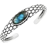 Natural Labradorite Cuff Bangle Bracelet for Men Women – Handmade 925 Silver Plated Adjustable Bohemian Jewelry – Blue Green Flash Gemstone Vintage Style Statement Bangle – Gift for Him Her