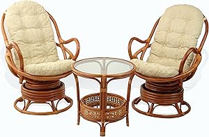 Lounge Set of 2 Swivel Rocking Java Chair Natural Rattan Wicker Handmade with Cream Cushion and Round Coffee Table, Cognac
