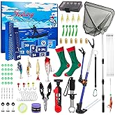 Fishing Tackle Kit for Beginners Adults Men - 81pcs Fishing Gear Set Includes Fishing Rod Holder, Landing Net, Lip Gripper, Fishing Pliers, Line Winder, Hooks,and Fishing Line,Great Gift for Dad & Son