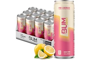 BUM ENERGY BUM Sugar-Free Energy Drink, Pink Lemonade - Lightly Carbonated & No Artificial Colors, Natural Caffeine & Citicoline for Energy & Focus, Brain Boost & Workout Sports Beverage - 12 oz, Pack of 12