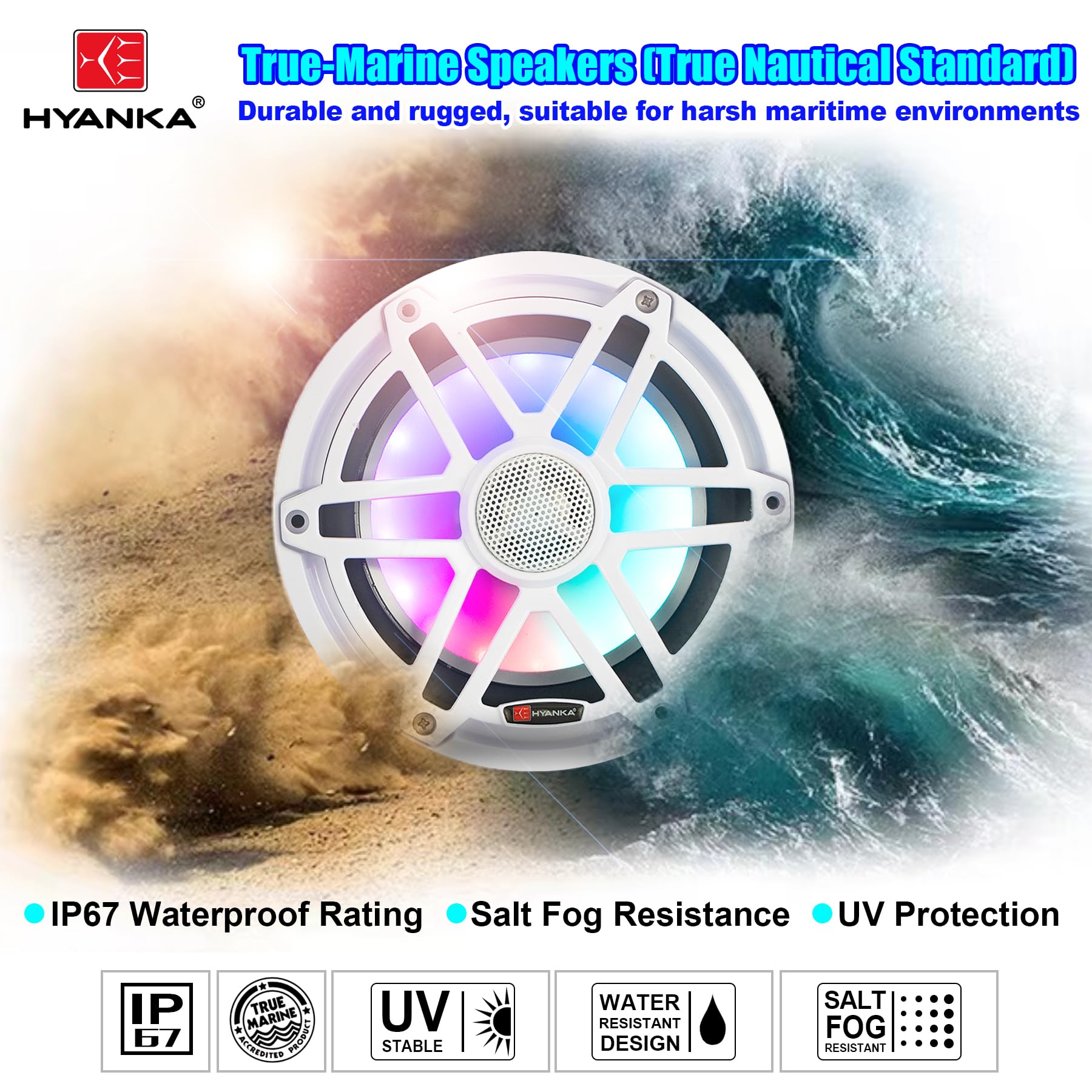 H YANKA HMS-65 6.5 Marine Speakers - 750W 2-Way IP67 Waterproof Boat Stereo System with LED Lights, High-Fidelity Coaxial Speakers, Y35 Magnet Woofer, UV & Salt Spray Resistant - 1 Pair (White)