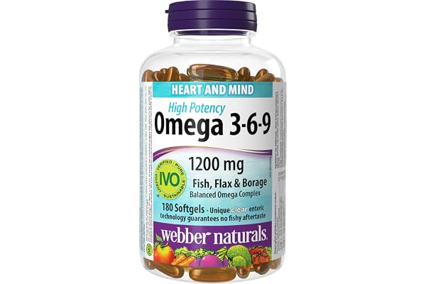 Webber Naturals Omega 3-6-9 1,200 mg Fish Oil, 180 Clear Enteric No Fishy Aftertaste Softgels, Supports Cardiovascular Health
