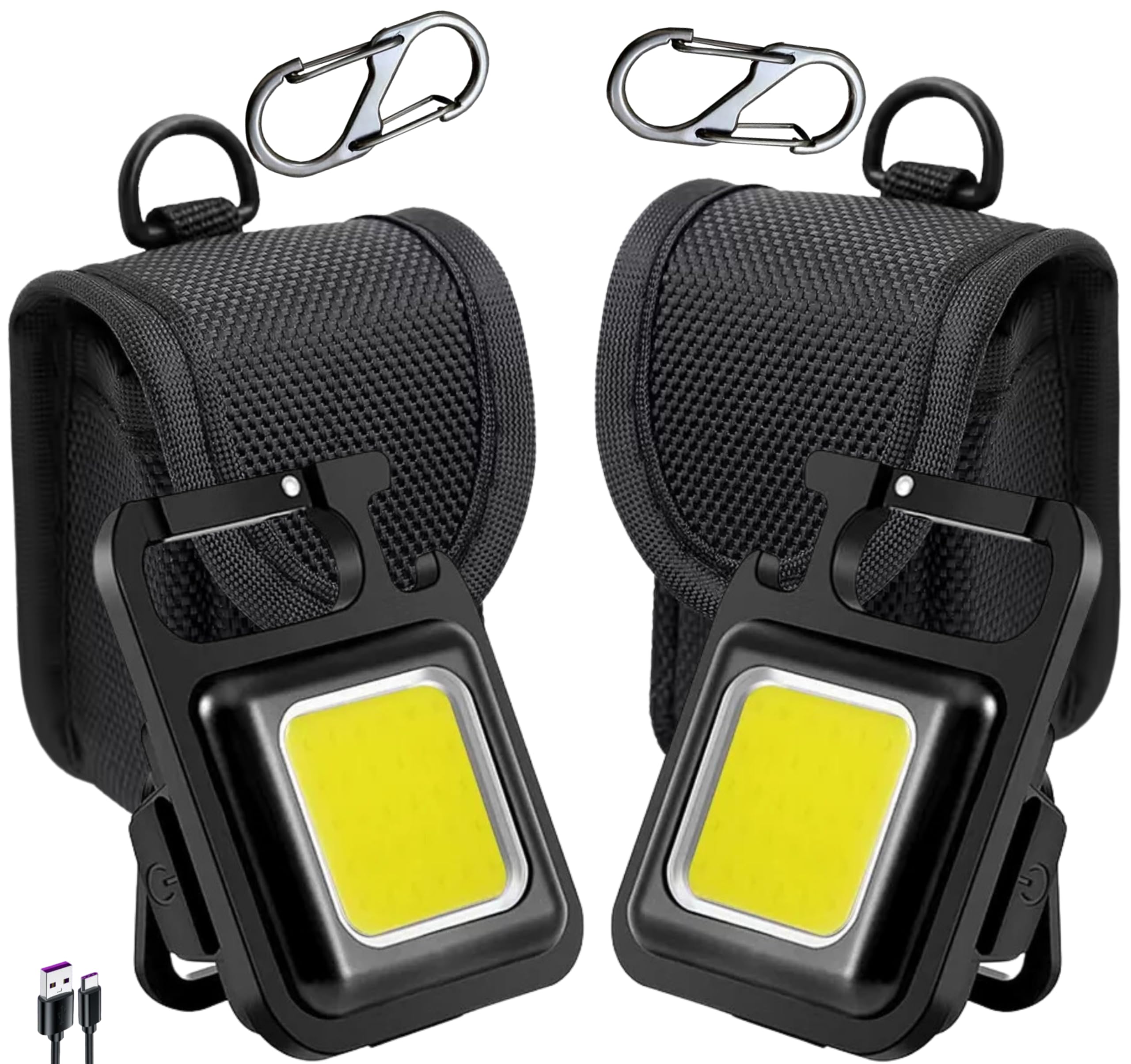 TradeProvider® 2× Mini COB Flashlight 2000 Lumens, 2× USB Rechargeable Torch, 2× Belt Bag & 2× Hook Carabiner, Keychain Magnetic Base, 4 Modes – Pocket Work & Emergency LED Light