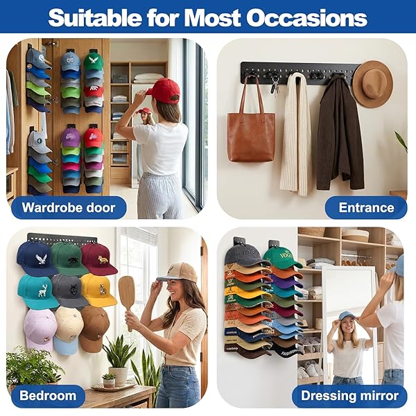 YONSYA 2 PACK HAT HOOK ORGANIZER FOR BASEBALL CAPS, HAT HANGER HOLDER FOR 20 CAPS, WALL HAT RACK WITH STRONG ADHESIVE, MULTILAYER CAP STORAGE HOOKS FOR CLOSET DOOR AND BEDROOM (STYLE C-BLACK)