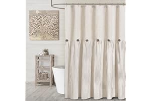 Awellife Farmhouse Beige Shower Curtain Button Linen Textured Woven Fabric,Pleated Beige Stripe,Country Style,72x72 Inch
