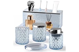 BSSN Glass Bathroom Accessories Set 5Pcs Crystal - Blue Foaming Soap Dispenser, Soap Dish, Cup, Acrylic Toothbrush Holder with Tray Organizer, Cotton Swab Jar, Bathroom Counter Set Sink Decor