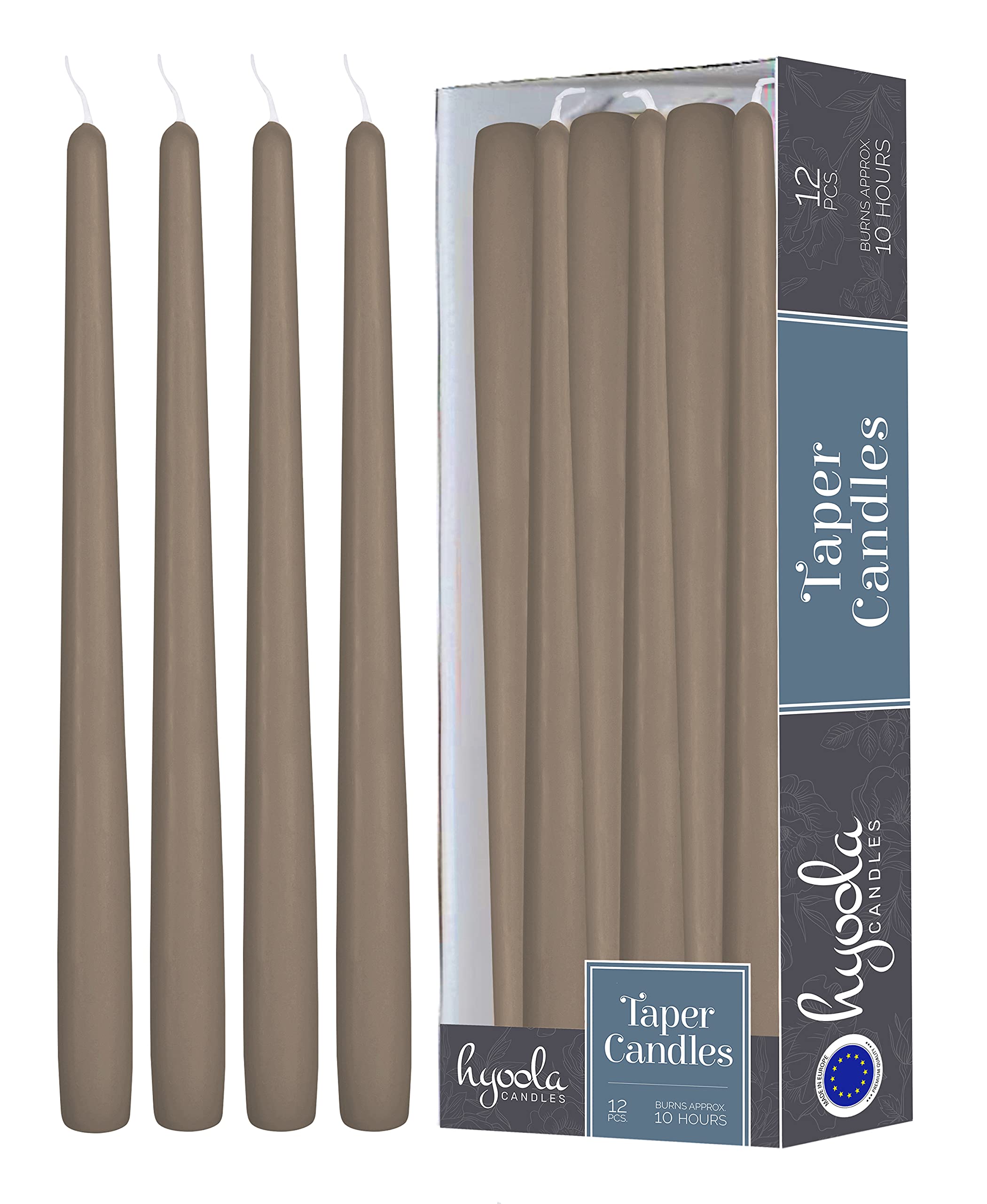 Hyoola Taupe Grey Taper Candles - 300 mm (12 Inch) Unscented Dripless Taper Candles - 10 Hour Burn Time - 12 Pack