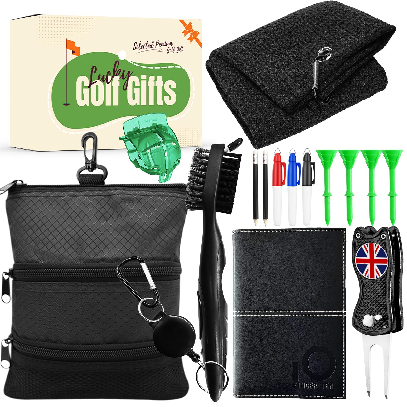 FINGER TEN Golf Gifts Set for Men Women Mulitifunctional Golf Accessories Box, Golf Scorecard Holder, Golf Towel Kit, Golf Pouch Bag, Golf Club Brush Ball Liner, Foldable Divot Repair Tool (7 Pieces)