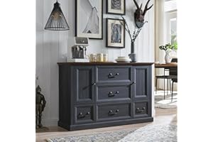 IFGET Farmhouse Coffee Bar Cabinet, 47" Buffet Cabinet w/5 Drawers, Rustic Wood Sideboard Cabinet w/Groove Barn Door, Storage Cabinet for Dinning Room, Kitchen, Bedroom, and Closet Room (Dark Grey)