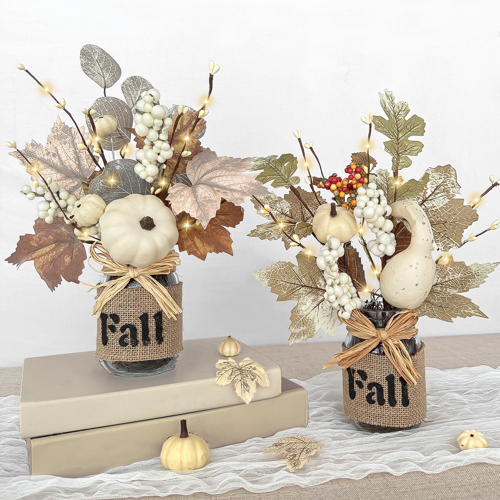 Photo 1 of 2 Pack 13.5 Inch Thanksgiving Decorations Thanksgiving Table Decor, Mason Jar with Maple Leafed Pumpkins Berried 20 LED Lights Timer Thanksgivings Centerpieces for Dinner Table Kitchen Bathroom Office
