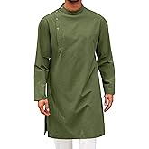 Runcati Mens Kaftan Thobe Robe Long Sleeve Cotton Henley Shirt Casual Muslim Gown Salwar Kurta