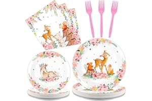 Tevxj 96PCS Woodland Baby Shower Tableware Set Girls Pink Safari Dinnerware Disposable Plates Woodland Party Plates Napkins Forks for Forest Animal Deer Flower Party Decorations Supplies 24 guests