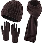 Connectyle 3 PCS Fleece Lined Cold Weather Set, Warm Winter Beanie Hat, Long Scarf and Touchscreen Gloves for Men & Women