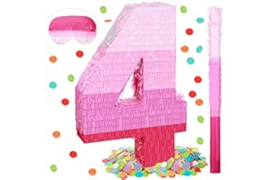 Sratte Number Piñata Pink Piñata Birthday Decorations Gradient with Stick Blindfold Confetti for Girls Boys Birthday Anniversary Party Decorations Supplies(Number 4)