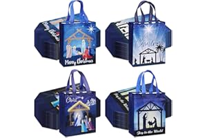 Wesnoy 48 Pcs Nativity Christmas Gift Bags Bulk 10 x 8 x 4 Inch Reusable Non Woven Jesus Goodie Bags with Handles- Large Christian Candy Treat Totes for Religious Holy Night Holiday Party Favor