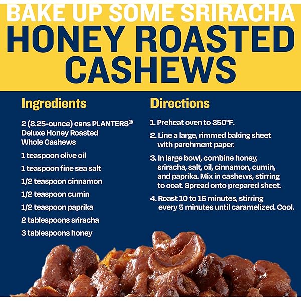 PLANTERS DELUXE HONEY ROASTED WHOLE CASHEWS, PARTY SNACK, PLANT-BASED PROTEIN, AFTER SCHOOL SNACK, SWEET AND SALTY SNACK NUTS, QUICK SNACK FOR ADULTS, FLAVORED CASHEWS, KOSHER, 8.25OZ CANISTER