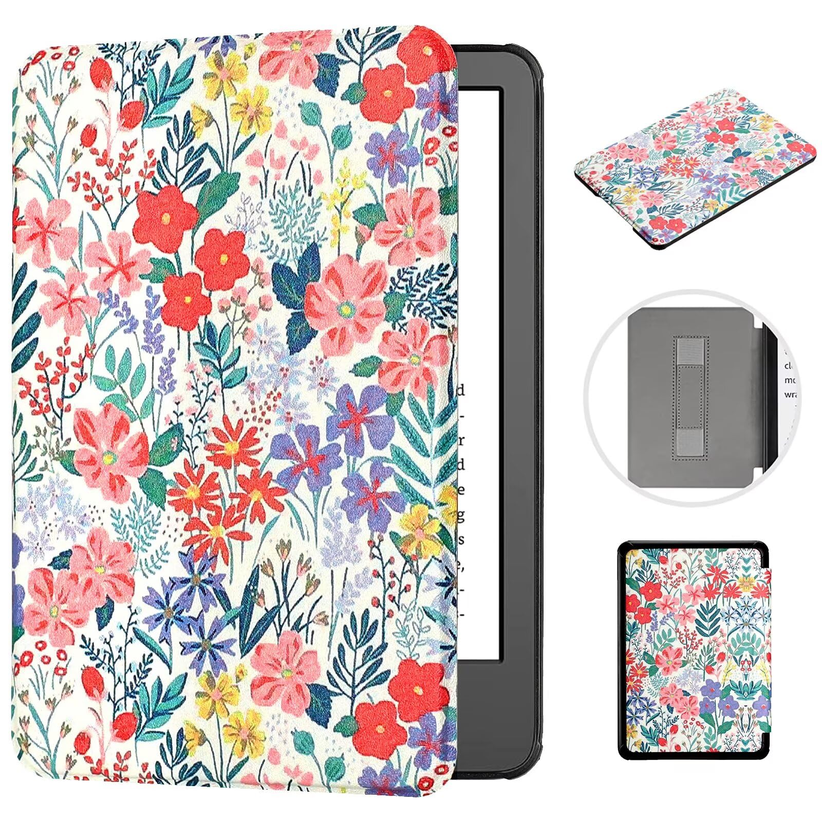 MOKASE for 6" Kindle Paperwhite 5/6/7th Generation Case 2012,2013,2015,2016 Version (Model: EY21 / DP75SDI), Slim PU Leather Hard Cover with Hand Strap for Kindle Paperwhite 6 inch, Floral
