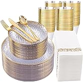 DaYammi 350PCS Clear Gold Plastic Dinnerware Set for 50 Guests, Hammered Disposable Plates for Party, Include: 50 Dinner Plates, 50 Dessert Plates, 150 Gold Silverware, 50 Napkins, 50 Cups