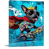 12x16 Graffiti Blue Skateboard Bulldog Canvas Wall Art Gallery Framed Poster Cartoon Dog Watercolor Painting Child Animals Bedroom Pictures Funny Pop Home Decor Teen Boy Kids Gift Room Bathroom Print