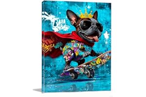 12x16 Graffiti Blue Skateboard Bulldog Canvas Wall Art Gallery Framed Poster Cartoon Dog Watercolor Painting Child Animals Be
