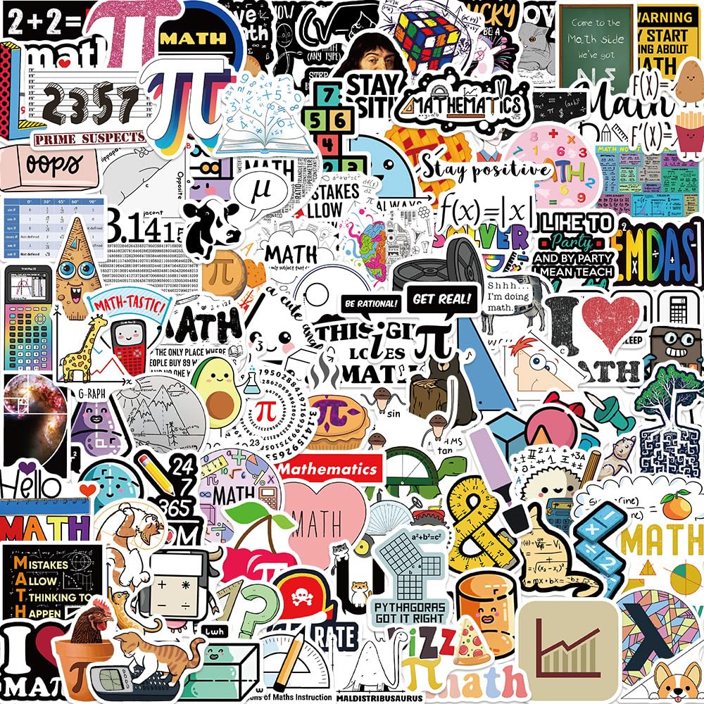 Math Stickers 108Pcs Waterproof Funny Arithmetic Stickers for Laptop Luggage Computer Phone Skateboard Water Bottle Guitar Bicycle Car,Vinyl Cartoon Mathematics Stickers for Kids Teens Adults