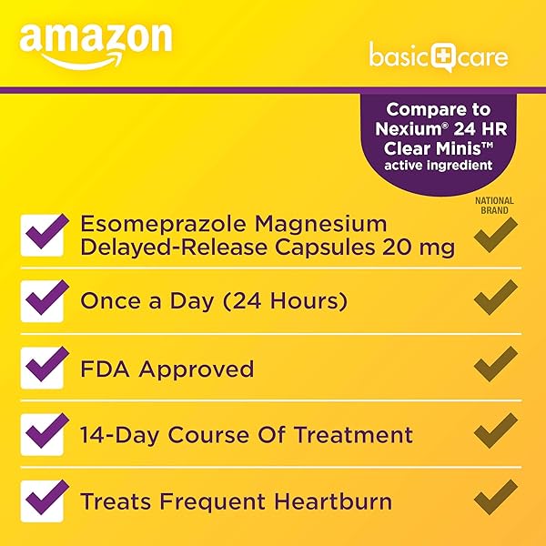 AMAZON BASIC CARE ESOMEPRAZOLE MAGNESIUM DELAYED-RELEASE MINI CAPSULES, 20 MG, ACID REDUCER, 24 HOUR HEARTBURN MEDICINE, 42 COUNT