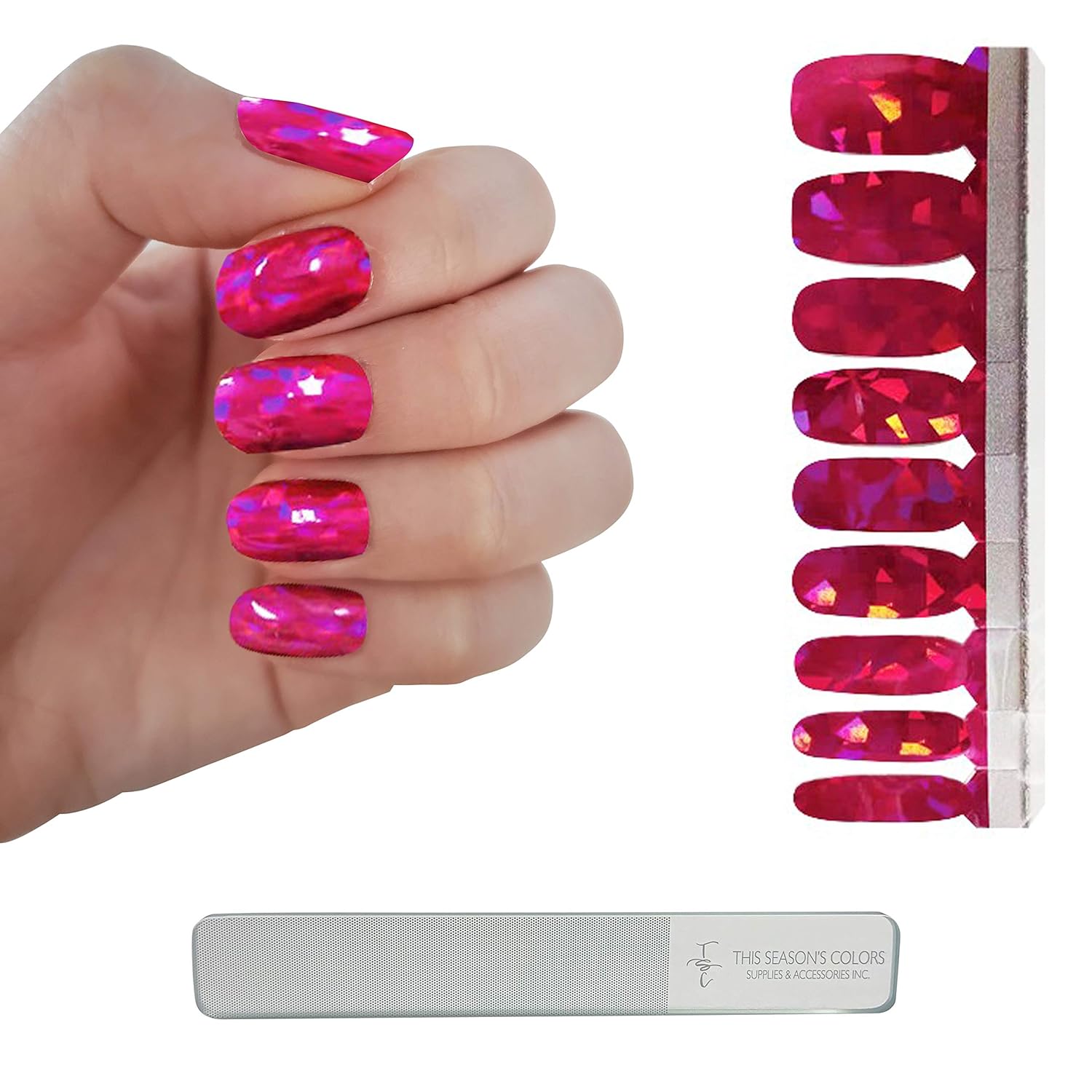 Fuchsia Chrome Crystal with Metal Effects Nail Polish Strips w/Reusable Crystal File by This Season's Colors, Spring/Summer Salon Quality Manicures & Pedicures for Women, Teens & Kids; Pink/Purple