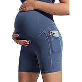 POSHDIVAH Women's Creamluxe Maternity Biker Shorts Over The Belly with Pockets - 6"/8" Summer Pregnancy Yoga Workout Short