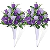 LOSFOTBO Set of 2 Artificial Cemetery Flowers, Grave Memorial Flowers with Vase, Outdoor Grave Decorations Roses for Cemetery Headstones Decoration (Purple)