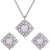 EVER FAITH 925 Sterling Silver White Opal Gemstone Clear CZ Square Art Deco Floral Wave Jewerly Set