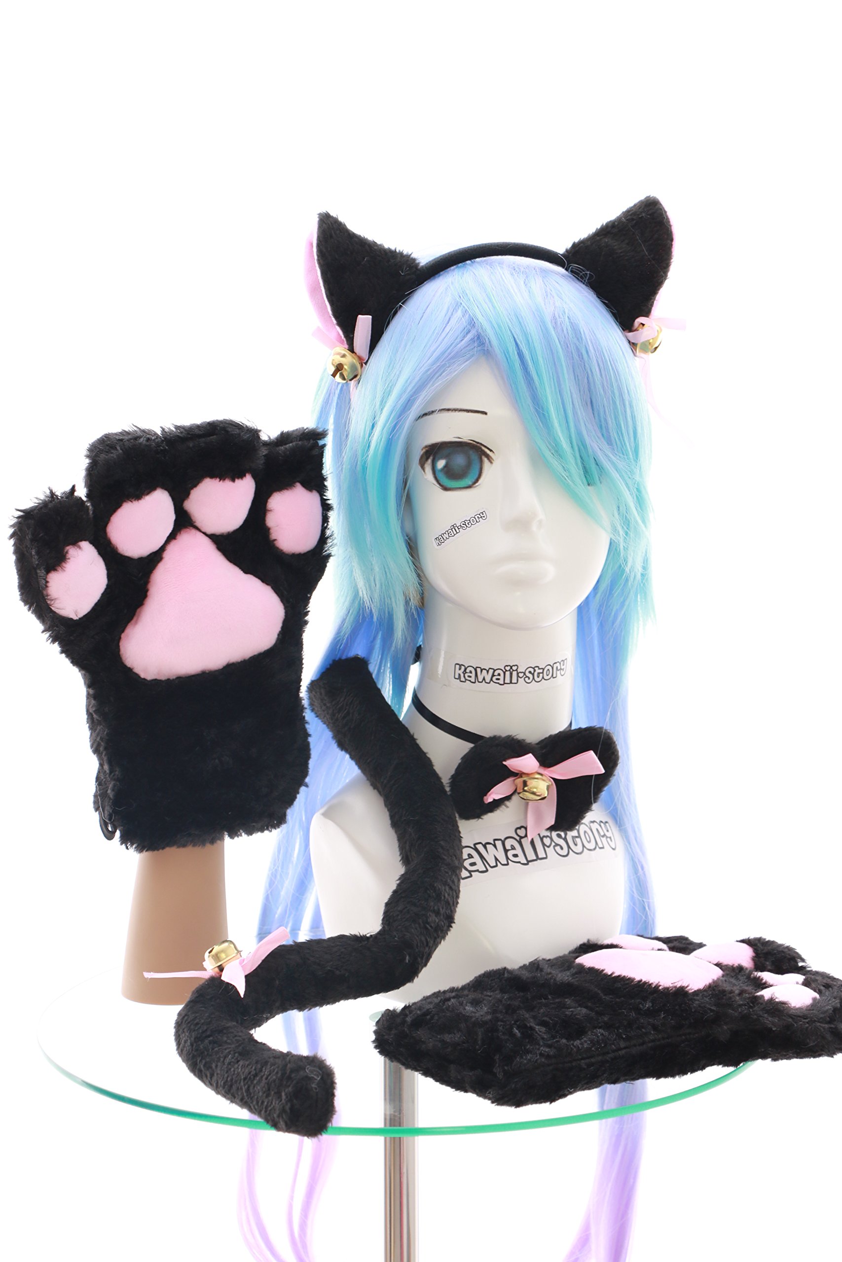 C 21 Black Cat Paw Gloves Ears Tail Collar Hairband Set Lolita Maid Cosplay