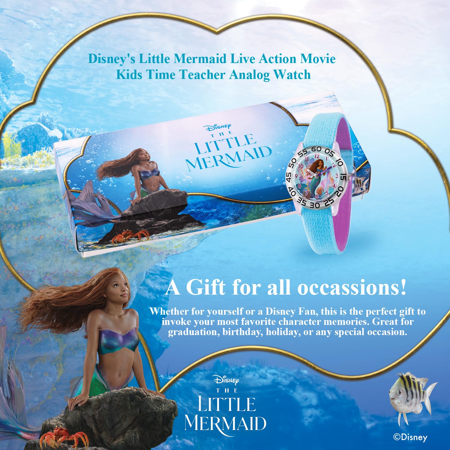 Disney Little Mermaid Watch for Girls Ages 4–7 Featuring Ariel Princess Gift for Kids Learning to Tell Time – Character Dial, Clear Bezel with Black Numbers, Blue Nylon Strap with Velcro